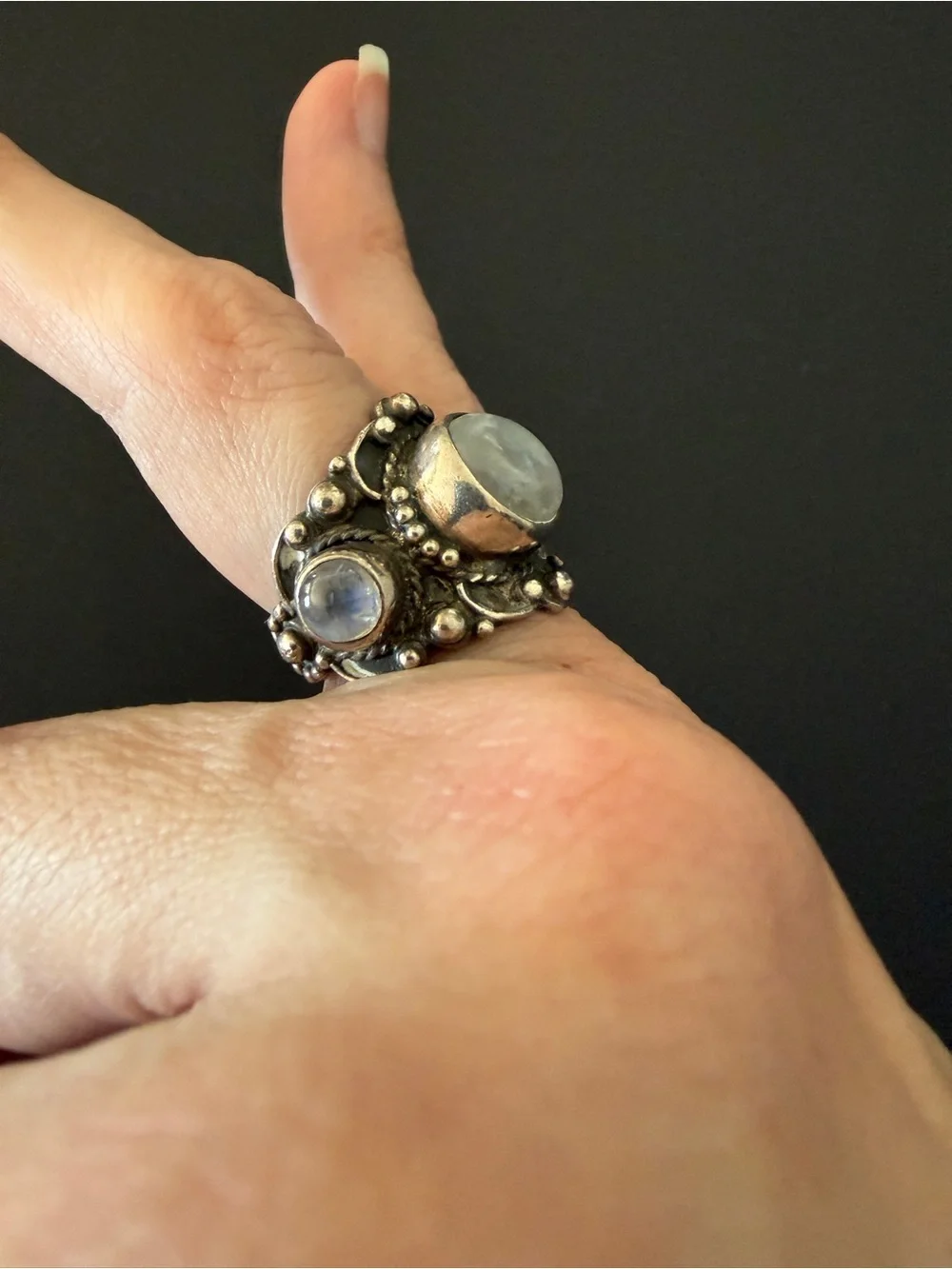 Vintage Moonstone Ring W/ Blue Flash Handmade Statement, Size 7.75, Gothic Style